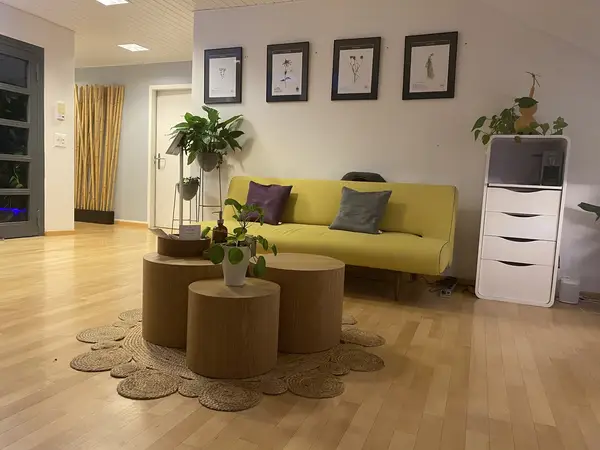 Bright spa waiting room with yellow sofa, wooden tables, plants, and framed art