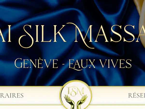 Blue silk-themed massage salon sign with gold lettering and logo