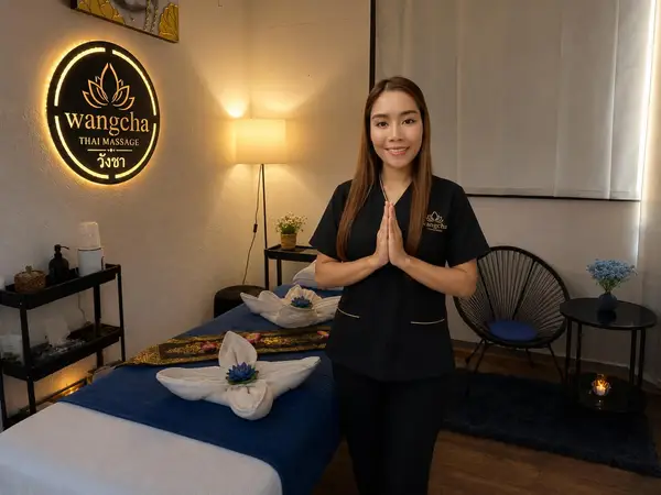 Massage room with therapist, lit logo sign, treatment bed, and soft lamps