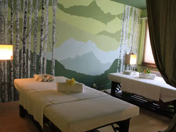 Serene massage room with two treatment beds, birch-tree decor, and mountain mural
