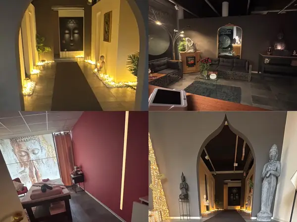 Dim Thai spa interiors with candles, Buddha decor, and massage room