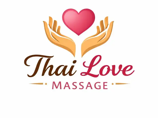 Thai Love Massage logo with heart and cupped hands on white background