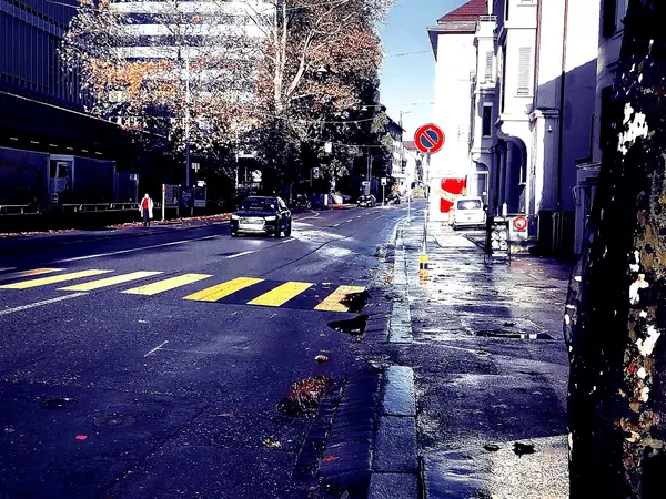 Sunny street with crosswalk, parked cars, buildings, and wet pavement