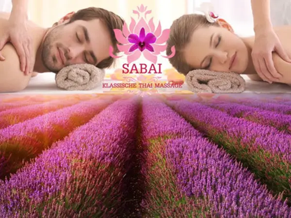 Promotional poster with two massage clients above lavender fields and the Sabai logo