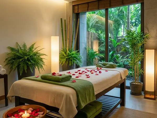 Serene massage room with bed, plants, candles, and garden view