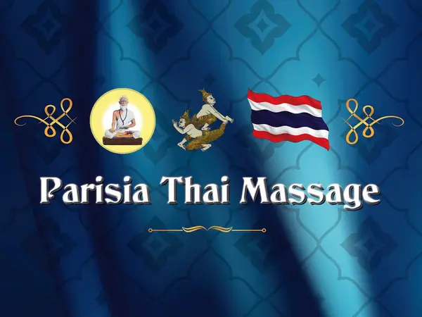 Blue decorative Parisia Thai Massage sign with Thai flag and logo imagery