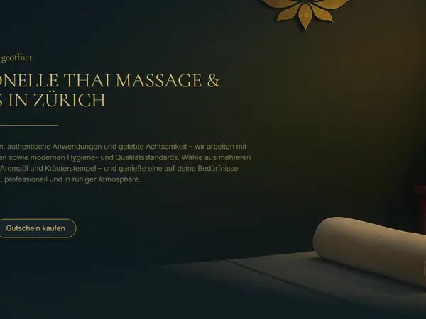 Dark Thai massage room with text overlay and rolled towel on a table