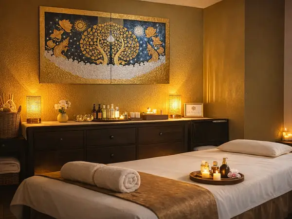 Warm Thai massage room with bed, candles, and gold wall art