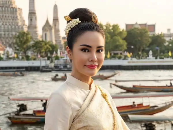 Woman in traditional Thai attire by a riverside with boats and temple spires
