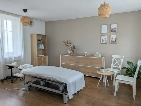 Bright massage room with treatment table, light wood furniture, and plants