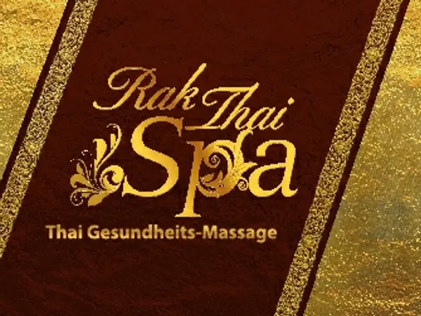 Gold salon logo reading Rak Thai Spa on a brown background