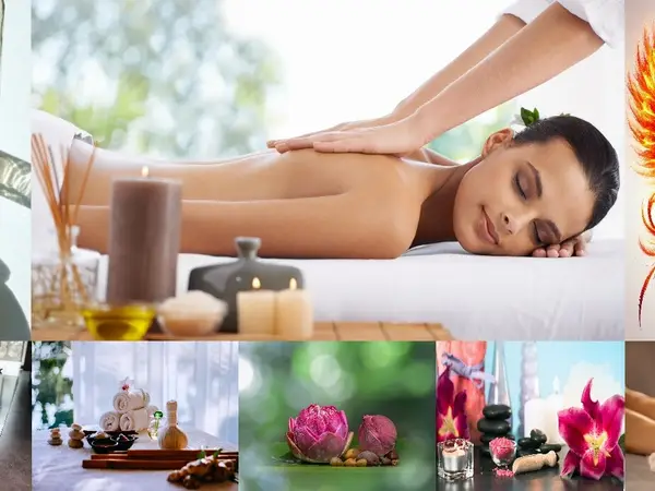 Massage room collage with spa candles, oils, towels, and relaxing treatment scenes