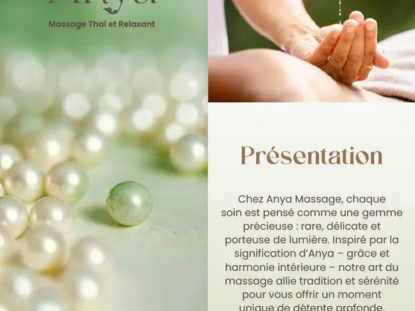 Promotional massage poster with pearls, green tones, and text in French