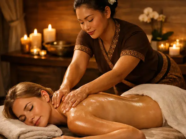Candlelit massage room with Thai therapist massaging a client on a table