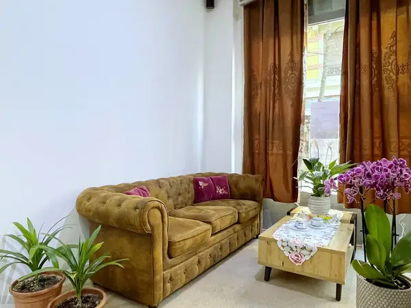 Cozy waiting room with brown sofa, coffee table, and potted orchids