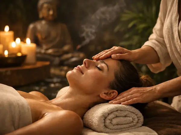 Dim massage room with candles, Buddha statue, and relaxing treatment