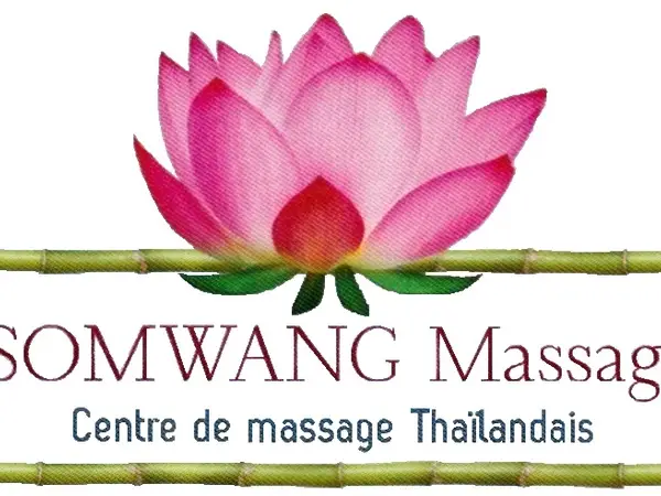 Somwang Massage sign with pink lotus logo and French Thai massage text