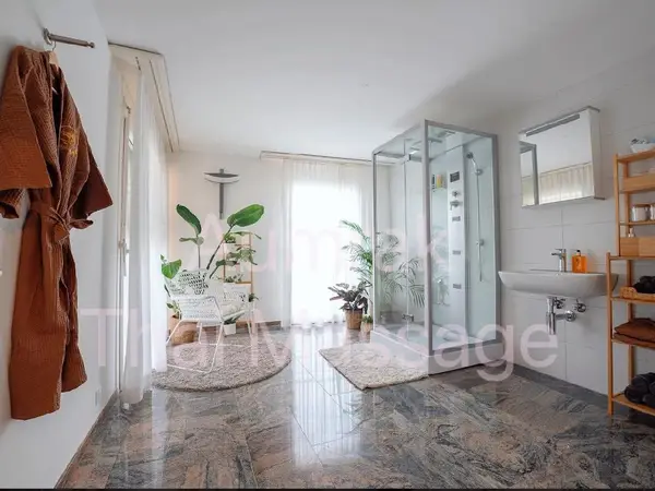 Bright spa room with shower, sink, plants, and white chair