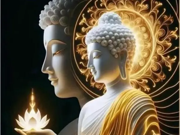 Buddha artwork with glowing halo and dark background