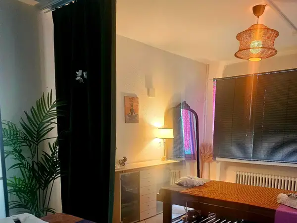 Cozy massage room with treatment table, lamp, plants, and warm curtains