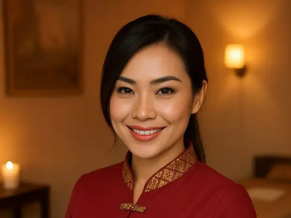 Warm spa reception with smiling staff member in red Thai-style uniform