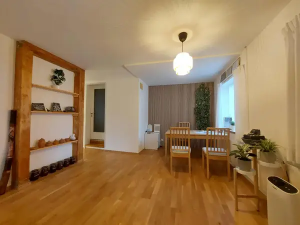 Warm wooden massage room with chairs, shelves, plants, and soft lighting