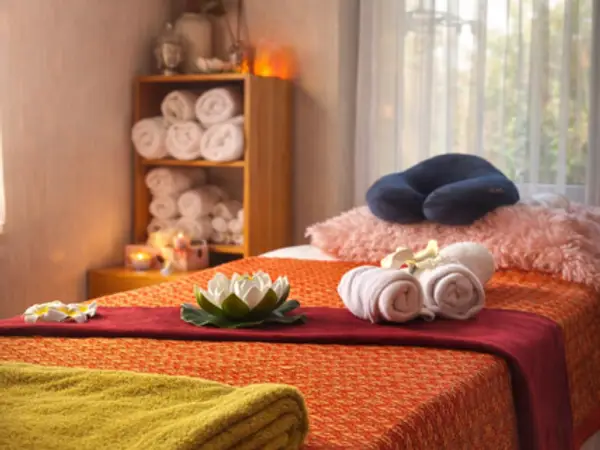 Cozy massage room with orange bed, rolled towels, candles, and window light