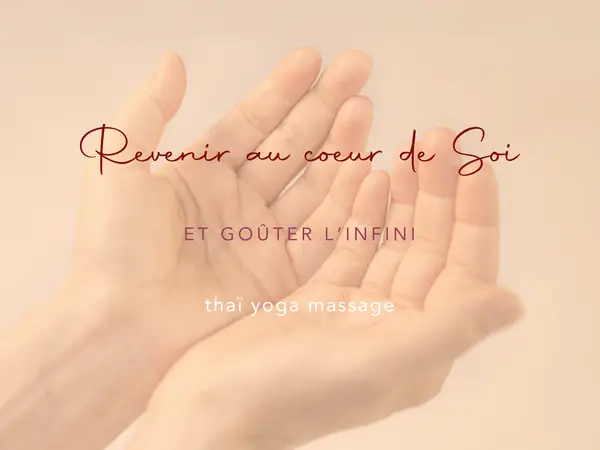 Soft hands against a beige background with French massage text
