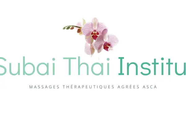 White storefront sign with pink orchid and Subai Thai Institut text