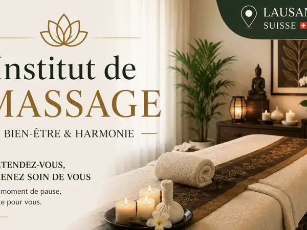 Serene massage room with candlelit bed, Buddha statue, and potted plant