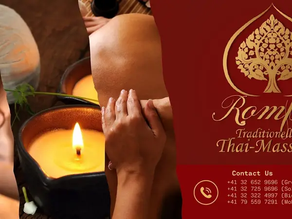Thai massage promotional poster with candlelit hands and red branding panel