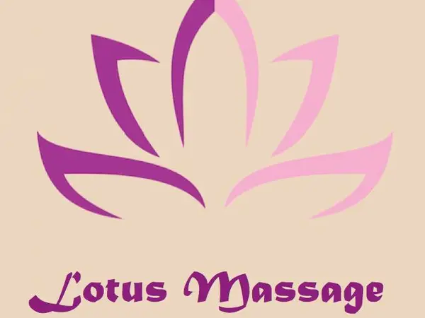 Lotus Massage logo with purple lotus petals on beige background
