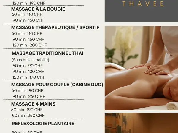 Spa menu board with massage prices beside a couple receiving a treatment