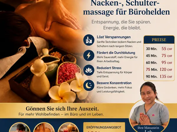 Massage service poster with therapist, stones, flowers, and price list on beige background