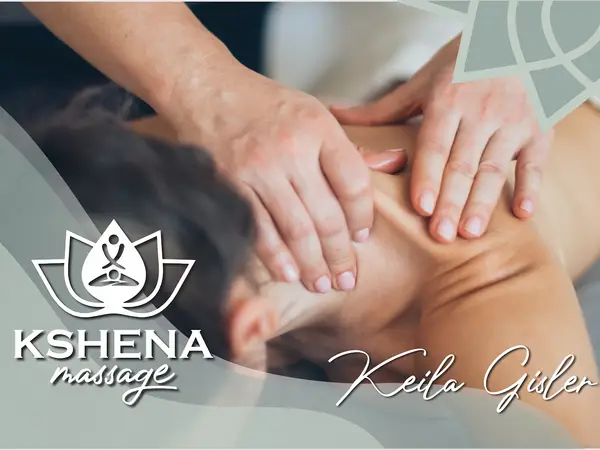 Close-up of hands giving a massage with Kshena Massage branding