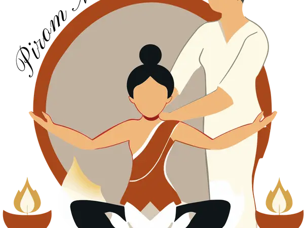 Thai massage logo with stylized therapist and seated woman, candle icons beside them